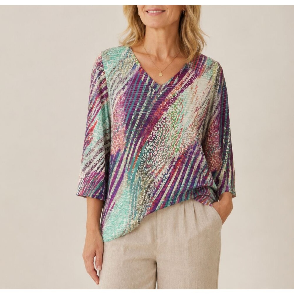 Soft Surroundings Shirt Womens PXL Multicolor Striped V-Neck 3/4 Sleeve Everyday